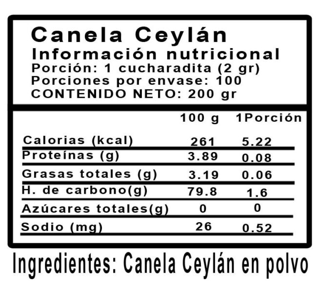 información nutricional canela Ceylán angeloni organics