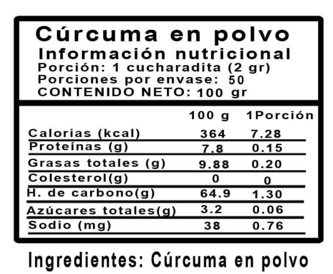 Tabla nutricional cúrcuma en polvo Angeloni